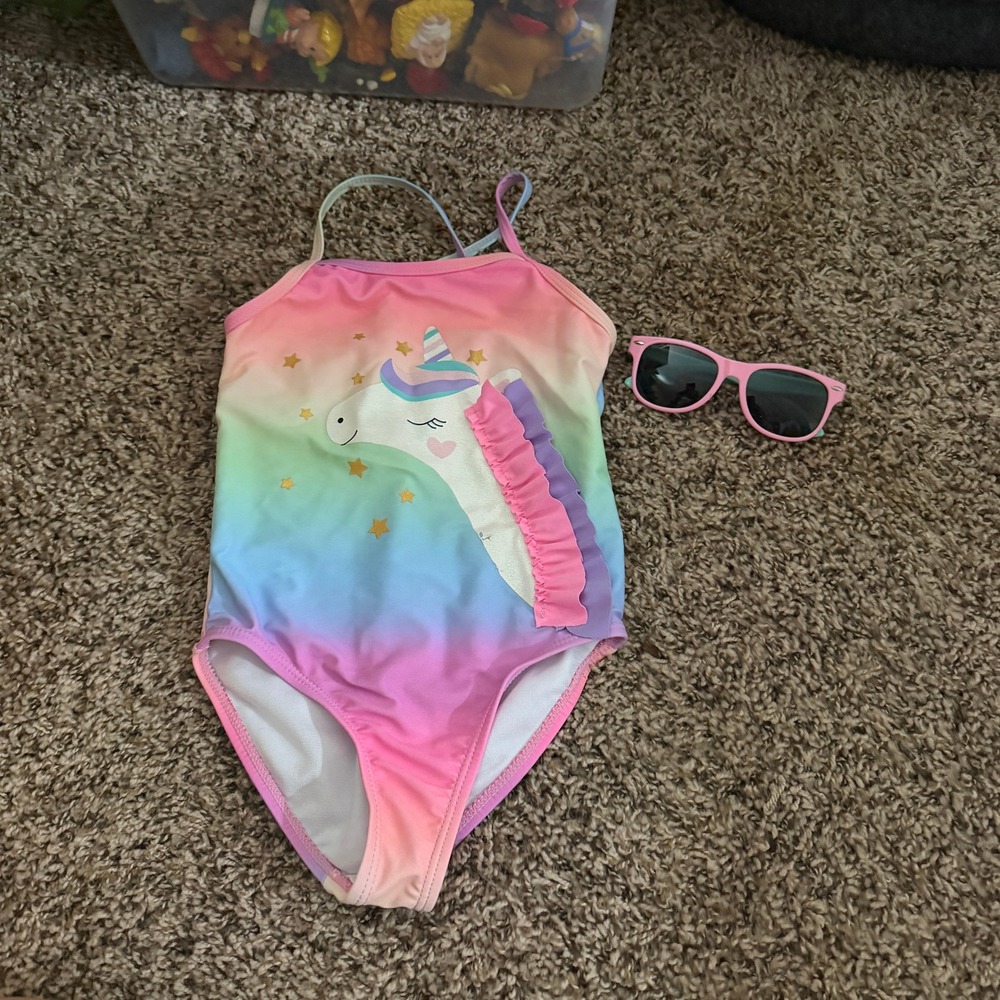 bmagical-One Piece Rainbow Unicorn Graphic Swimsuit + Sunglasses Size 5